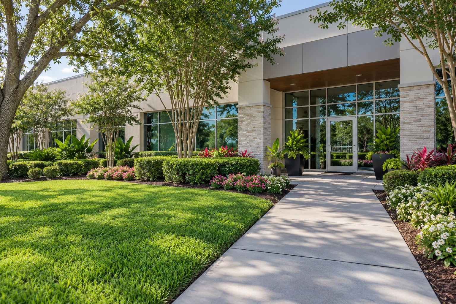 Service illustration of a commercial building entrance framed by maintained lawn, flowering beds, and hedges.