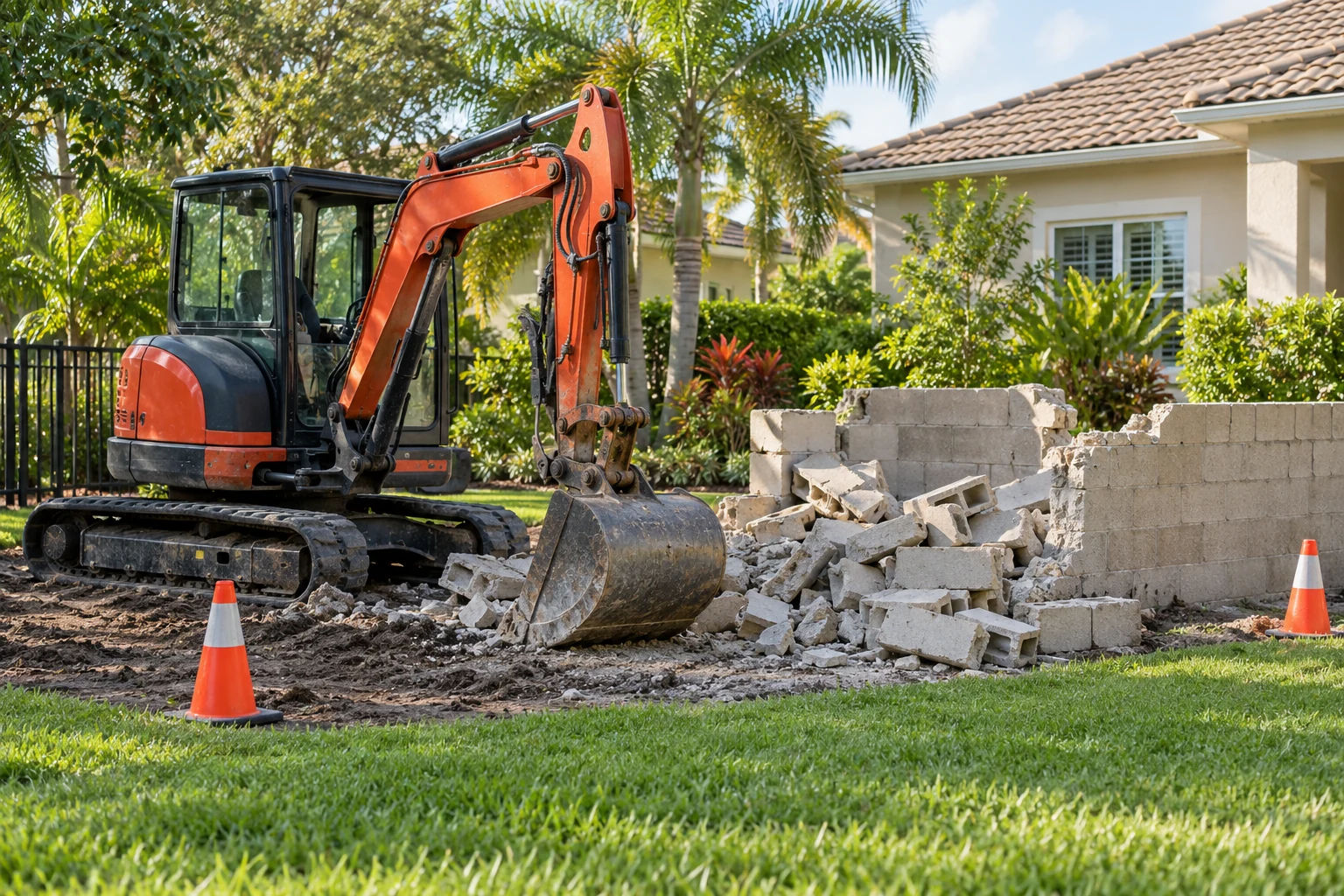 Service illustration of a compact excavator and a small masonry demolition project beside an intact Florida home.