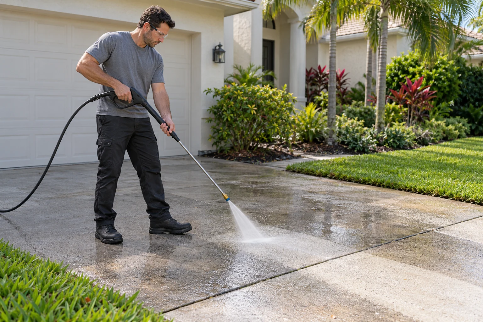 Service illustration of a professional pressure washing a concrete driveway and sidewalk, with no vehicles.