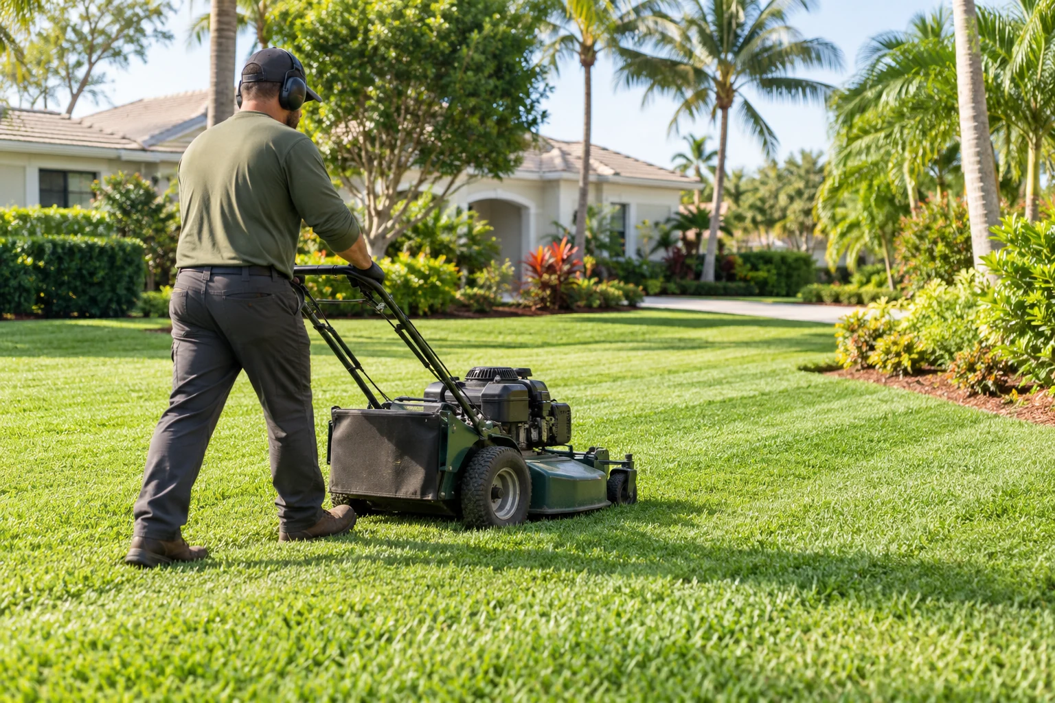 Service illustration of a lawn care professional mowing a residential lawn with a walk-behind mower.