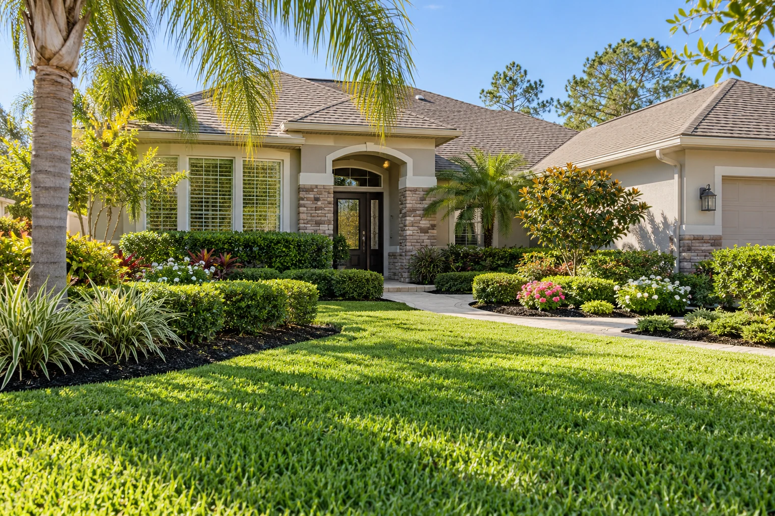 Service illustration of a Florida home with a freshly cut lawn, trimmed hedges, and flowering garden beds.